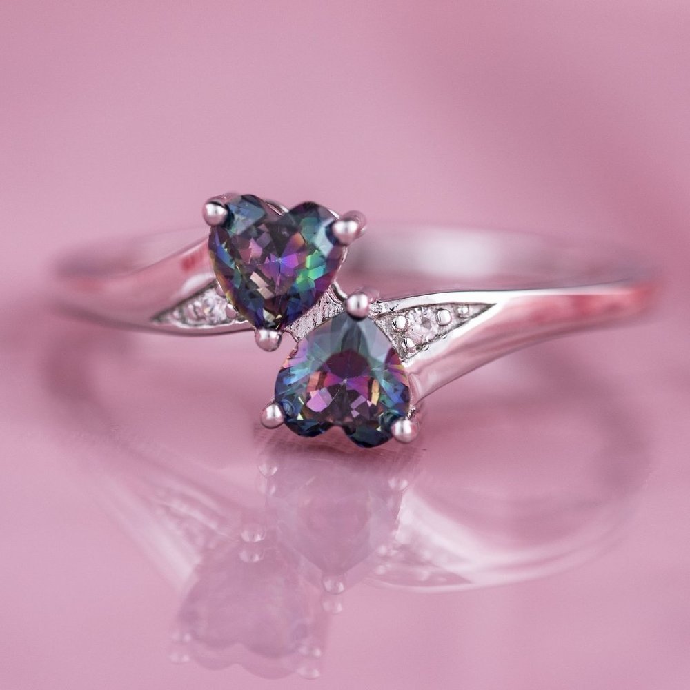 Sterling Silver Double Heart Rainbow Topaz CZ Ring